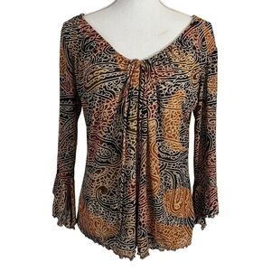 Time And A Half Y2K Paisley Blouse 3/4 Bell Sleeves Brown Orange Red Earth Tones